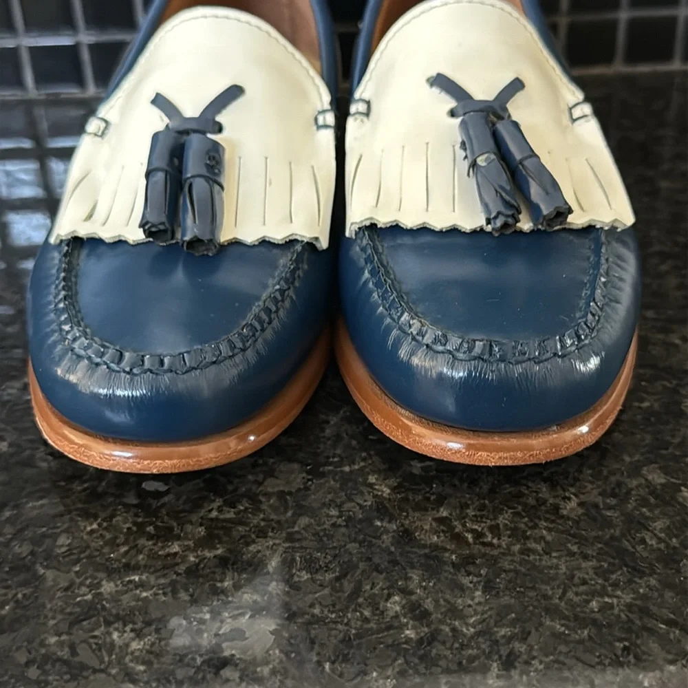 Classic Blue and White Tassel Loafer - Women's Leather Slip-On